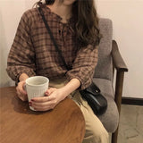 new spring brown plaid check Cotton Women Blouse Shirt Turn-down Collar Long Sleeve Blouse Casual Loose Tops