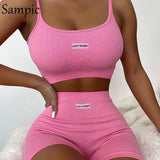Knitted Summer Sexy Women Tracksuit Shorts Two Piece Set Sport Letter Print Tops And Mini Biker High Waisted Shorts