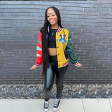 Winter Black Baseball Fashion Leather Jackets For Women 2021 Patchwork Black Top Jackets And Coats Varsity Bomber