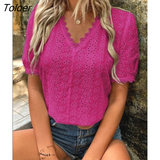 Lace Shirts Women Summer Puff Sleeve Tops Vintage Elegant Pullover White Blouse Women Fashion V-neck Solid Shirt