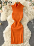 Strap Women Knitted Pencil Dress Turtleneck Sleeveless Elastic Slim Sheath Dresses Summer Korean Streetwear Short