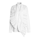 Elegant Black Patchwork Ruffle Shirt For Women Stand Collar Long Sleeve Solid Blouse Female Fashion New