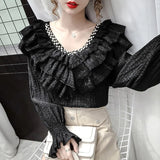 Stylish Lace Ruffle Stitching Blouse Women V Neck Ladies Shirt 2021 Fall Lantern Long Sleeve Korean Vintage Solid Top