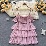Spaghetti Strap Woman Dress Summer Solid Ruffles Off Shoulder Sundress Elegant Chiffon A-Line Beach Boho Dresses