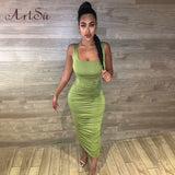 Ruched Women Midi Dress Summer Sleeveless Bodycon Sexy Elegant Party Dresses New Clothes Club Vestido