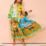 Women's Temperament Print Lantern Sleeve Belt Shirt Dress Dress