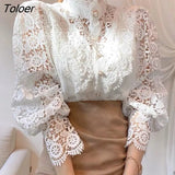 Solid White Lace Blouse Shirts Women New Korean Button Loose Shirt Tops Female Hollow Casual Ladies Blouses Blusas