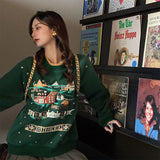 QWEEK Christmas Kawaii Hoodie Women Elk Scenery Graphic Crewneck Sweatshirt Fall 2021 Harajuku Green Long Sleeve Pullover