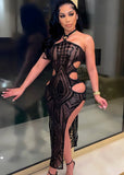 Sexy Black Halter Sleeveless Backless Cut Out Slit Long