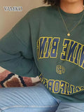 Chic Frayed Hole O Neck Design Thicken Women Sweatshirt Tops Dark Green Long Sleeve Loose Autumn Winter Sweatshirt Pullover-Outfit
