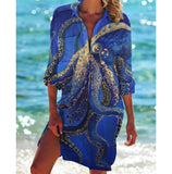 Women Printed Blouse Long Top Tunics Cardigan Half Sleeved Loose Beach Wear Swimwear Ladies Dresses Shirts Button 2023-Outfit