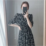 Korea Fashion Clothing Summer Slim Elastic Waist A Line V Neck Elegant Office Lady Floral Chic Chiffon Long Dress