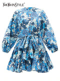Print Colorblock Mini Dress For Women Stand Collar Lantern Sleeve High Waist Loose Dresses Female Clothing