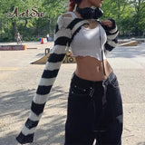 Vintage Y2K Striped Knitted Tops Sun-protection Sleeves Super-short Clothes Summer Harajuku Women's Shirts 90s
