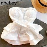Autumn Sexy Black/White Strapless Tops Women Elegant Two Layer Ruffle Short Tank Shirts Female Slim Camis New