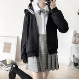 QWEEK Kawaii Black Zip Up Hoodie Women Sailor Collar Sweatshirt Japanese Streetwear Soft Girl 2021 Fashion Oversized
