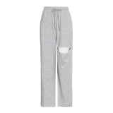 Straight Patchwork Hole Trouser For Women High Waist Lace Up Bow Casual Wide Leg Pants Female Fashion New