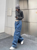 new style retro multi-pocket casual overalls Y2k women low-waist hip-hop slim loose couple straight pants-Outfit