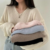 Solid Color V-Neck Oversized Knitted Tee-Outfit