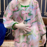 Folk Printed Blouse Female Clothing Commute Long Sleeve Spring Autumn Casual O-Neck Fashion Chinese Disc Buckle