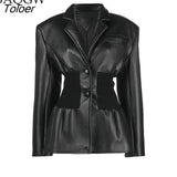 Women Single Breasted PU Leather Blazer Jacket Black Tunic Slim Knitted Waist Designer Luxury Lapel Long Sleeve Blazer