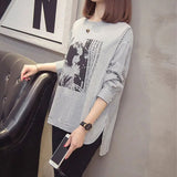 Striped Patchwork Split Shirt Korean Loose Spring Autumn Long Sleeve Female Clothing Casual Printed Round Neck