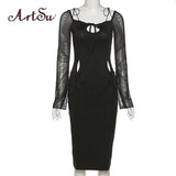 Spring Sexy Mesh See Through Mini Dress Elegant Fashion Outfits Tie Up Long Sleeve Club Party Cut Out
