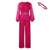 Women's Elegant Fashion Office V-Neck Long Sleeves Folded Waist Tops Wide-Legged Trousers All-Legged