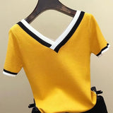 Women Blouse 2021 V-Neck Contrast Color Striped Top Tops Clothes Knitted Short Sleeve Shirt Femme Camisetas Mujer