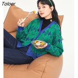 Women Knit Cardigan 2022 Autumn Long Sleeves V Neck Loose Sweaters Graphic Print Klein Blue Green Casual Chic