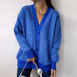 Free Shipping V-Neck Lantern Long Sleeve Cardigan Women Knitted Printed Oversized Sweater 2022 Fall New Single-Breasted