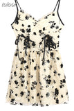 Print Long Sleeve Knit Cardigan Crop Coat Two-piece Dress Ladies Drawstring Floral V-neck French Suspender Robe Suit