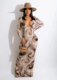 Print V-Neck Long Sheath Dress with Full