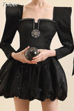 Black Elegant Lace Up Cut Out Dress For Women Square Collar Long Sleeve Casual Mini Dresses Female 2023 Style New