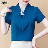 Summer Bow Loose Solid Women Blouses and Tops Solid Bottom Shirts Elegant Fashion Short Sleeve Chiffon Women Shirts