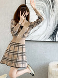 V-Neck Plaid Short Knitted Cardigan + High Waist Mini Skirts Two-Piece Female Fashion Sweet Suit Korean Autumn 2023