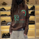 Stand Collar Zipper T-shirt Korean Letter Printed Female Clothing Casual Loose Spring Autumn Rivet Patchwork
