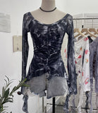 Real Shot One-×Ö Collared Shoulder Long-Sleeved Mesh Printing Top Irregularly Folded Lotus Leaves With Short T-Shirt