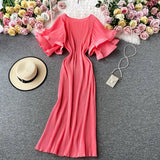 Casual Round Neck Flare Short Sleeve Pleated Long Dress Vintage High Waist Ruffles Female Vestidos New Fashion Robe Mujer