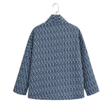 Autumn Winter Blue Geometric Plaid Print V Collar Quilted Coat Ethnic Women Long Sleeve Oversized Jackets Loose Outwear-Outfit