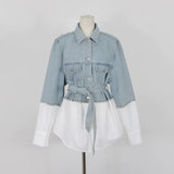 Patchwork Casual Denim Jacket For Women Lapel Long Sleeve With Sashes Oversized Coat Female 2020 Autumn Fashion