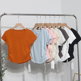 Recommended For The Summer V-Neck Front Shoulder Short-Sleeved T-Shirt For Girls Slimming Hottie Drawstring Irregular Top