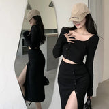 New Suit Hottie Exposed Umbilled Long-Sleeved Top + High Waist Open Half-Body Bag Skirt Two