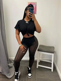 Streetwear Black 2 Two Peice Sets Womens Outfits 2022 Short Sleeve O Neck Crop Top Mesh Pants Suits Black Matching