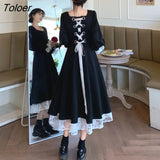 Sleeve Dress Women Elegant Ins Black All-match Fashion Spring M-4XL Square Collar Vintage Bandage Hepburn Patchwork