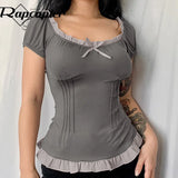 y2k Trim Grey Crop Top Bow Cute Sweet T Shirt O Neck Short Sleeve Pullovers Women Korean Chic Harajuku Tee Summer