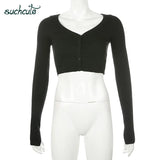 SUCHCUTE Knitting Women Cardigan V-Neck Elegant Streetwear Shirts Modis Autumn Winter 2020 Korean Style Casual Female Crop