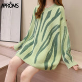 Aproms Elegant Green Striped Print Oversized Pullovers Women Winter O-Neck Loose Long Sweaters Streetwear Warm Outerwear