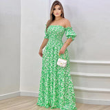 Women's Spring And Summer New Word Shoulder Print Folds Skirt Short Sleeve