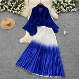 Wrinkled Butterfly Sleeve Gradient With Shawl Short Coat Top + Gradient 100 Folded Skirt Two-Piece
